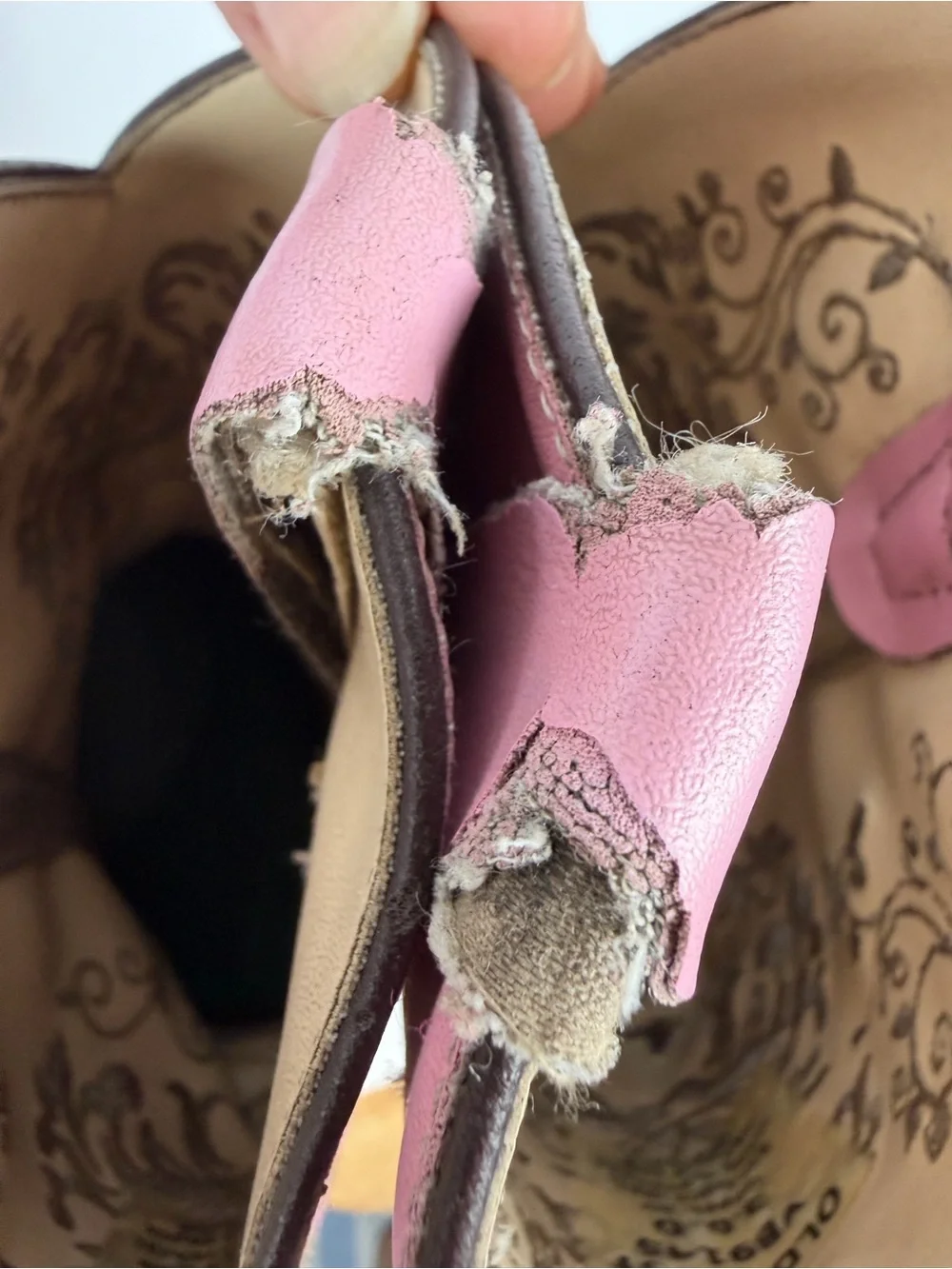 Old West kid's cowboy boots brown leather foot bed pink shaft embroidery size 3